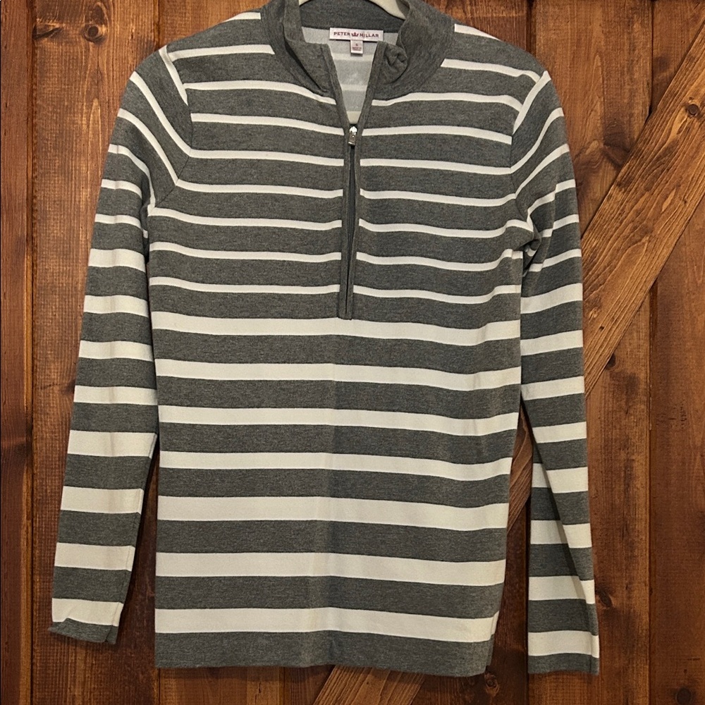 Peter Millar Gray and White Striped 3/4 Zip-Up Sweater-Women’s